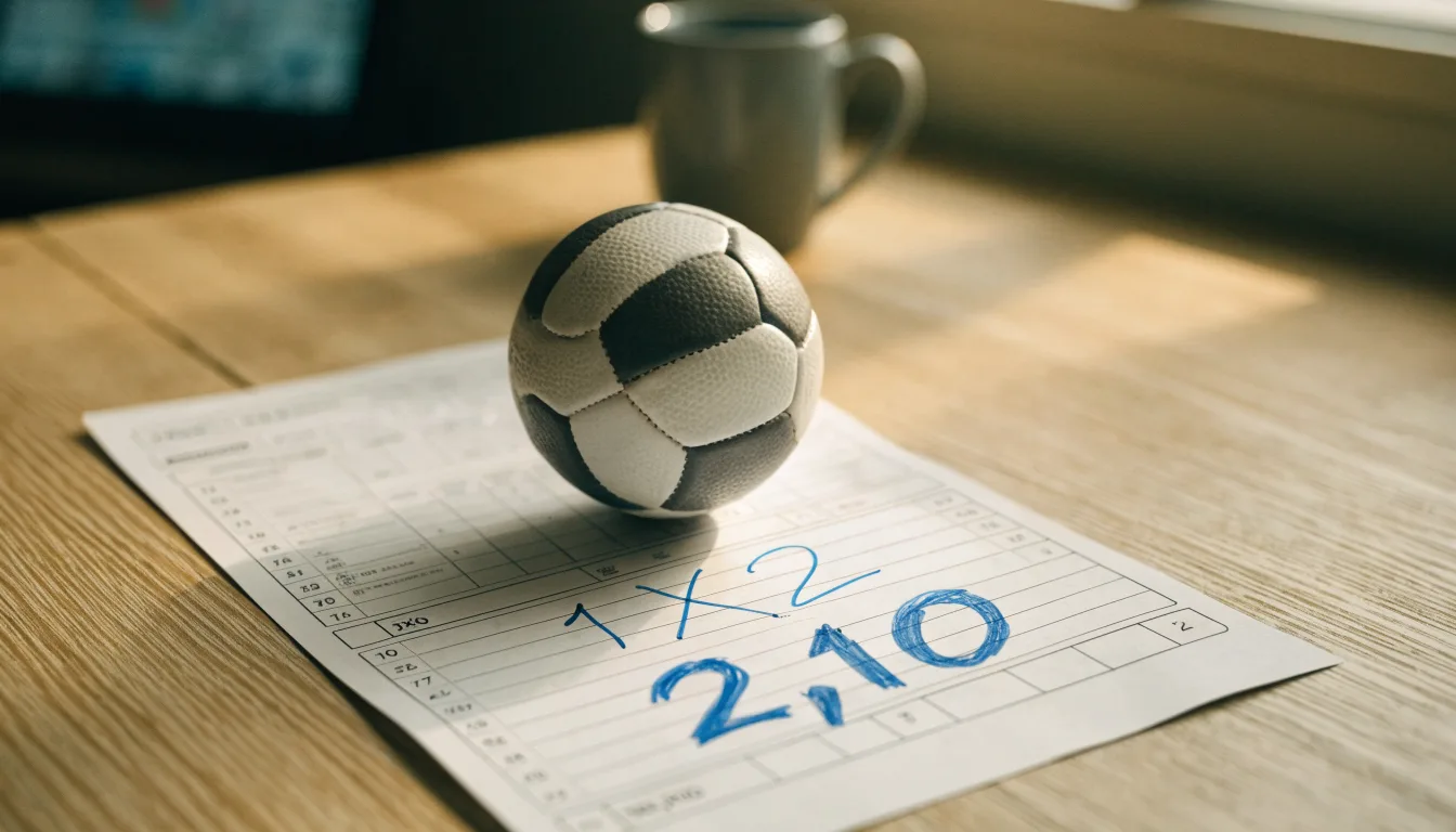 Un pallone da calcio appoggiato su una schedina bianca su un tavolo di legno, alla luce del giorno