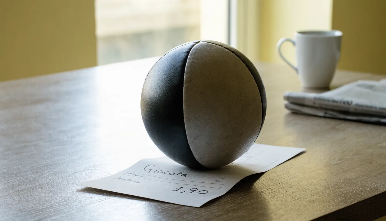 Un pallone da calcio appoggiato su una schedina bianca su un tavolo di legno, alla luce del giorno