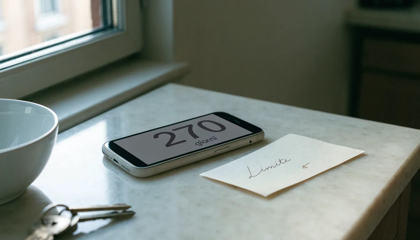 Un documento di identità appoggiato accanto a uno smartphone con un timer sullo schermo, su un tavolo da cucina