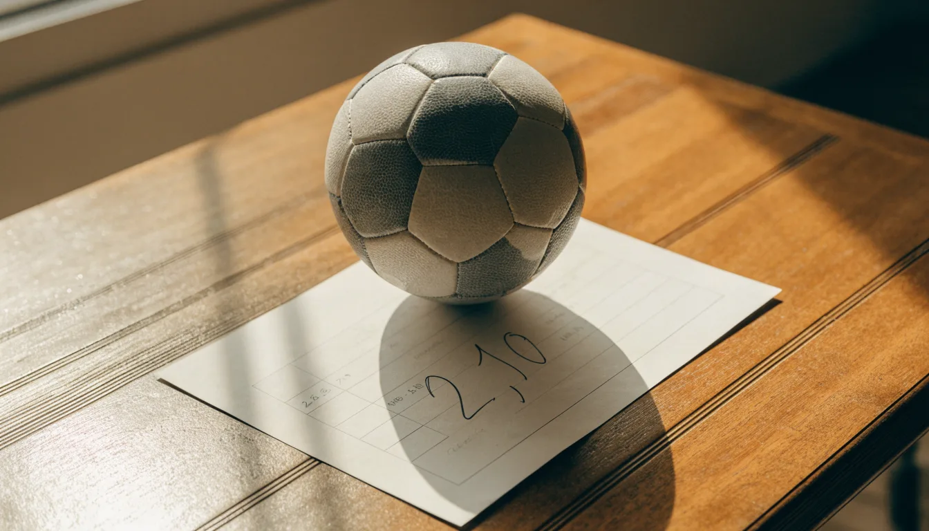 Un pallone da calcio appoggiato su una schedina bianca su un tavolo di legno, alla luce del giorno