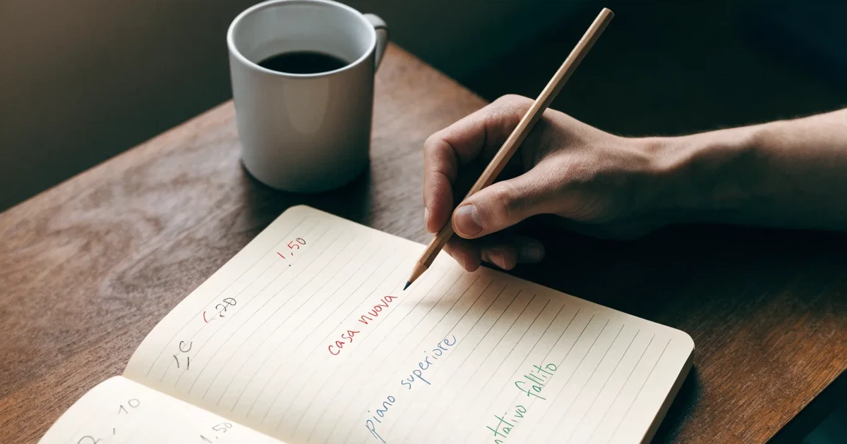 Un quaderno aperto con quote scritte a mano, una calcolatrice e una matita su un tavolo di legno