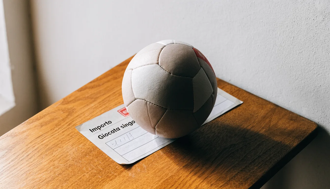 Un pallone da calcio appoggiato su una schedina bianca su un tavolo di legno, alla luce del giorno