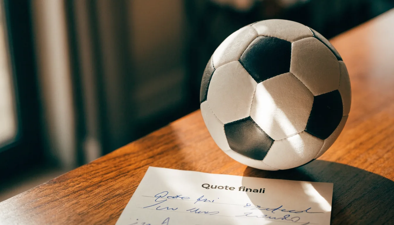 Un pallone da calcio appoggiato su una schedina bianca su un tavolo di legno, alla luce del giorno