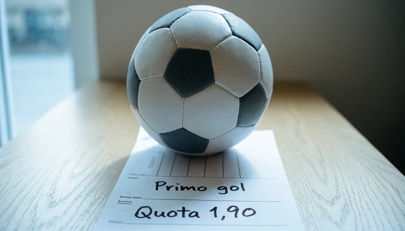 Un pallone da calcio appoggiato su una schedina bianca su un tavolo di legno, alla luce del giorno