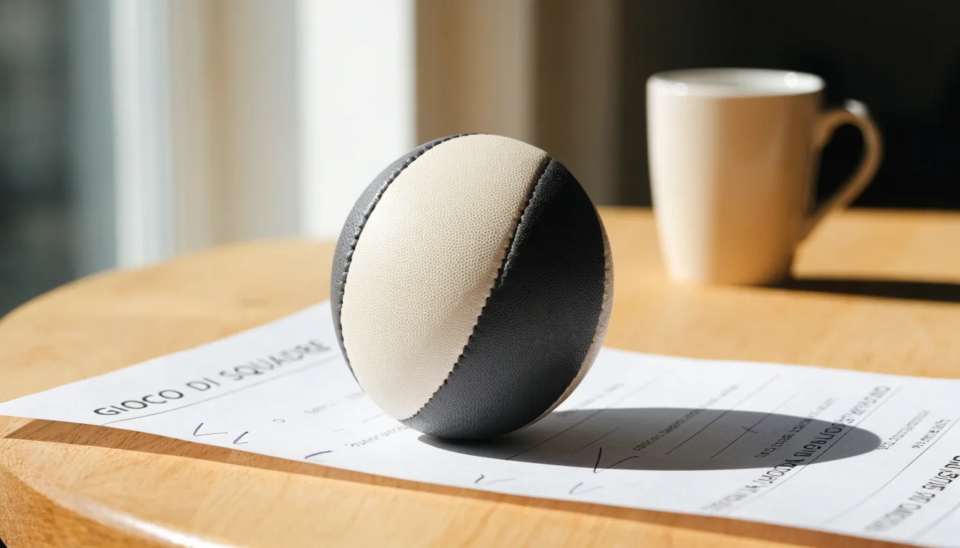 Un pallone da calcio appoggiato su una schedina bianca su un tavolo di legno, alla luce del giorno