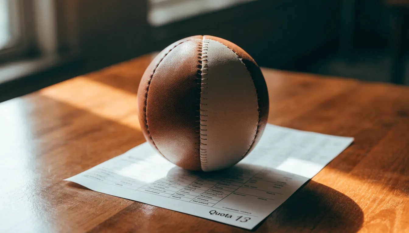 Un pallone da calcio appoggiato su una schedina bianca su un tavolo di legno, alla luce del giorno