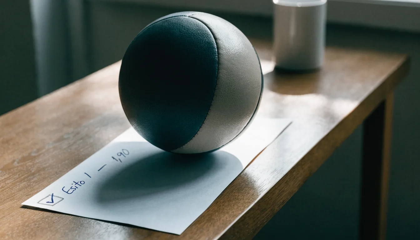 Un pallone da calcio appoggiato su una schedina bianca su un tavolo di legno, alla luce del giorno