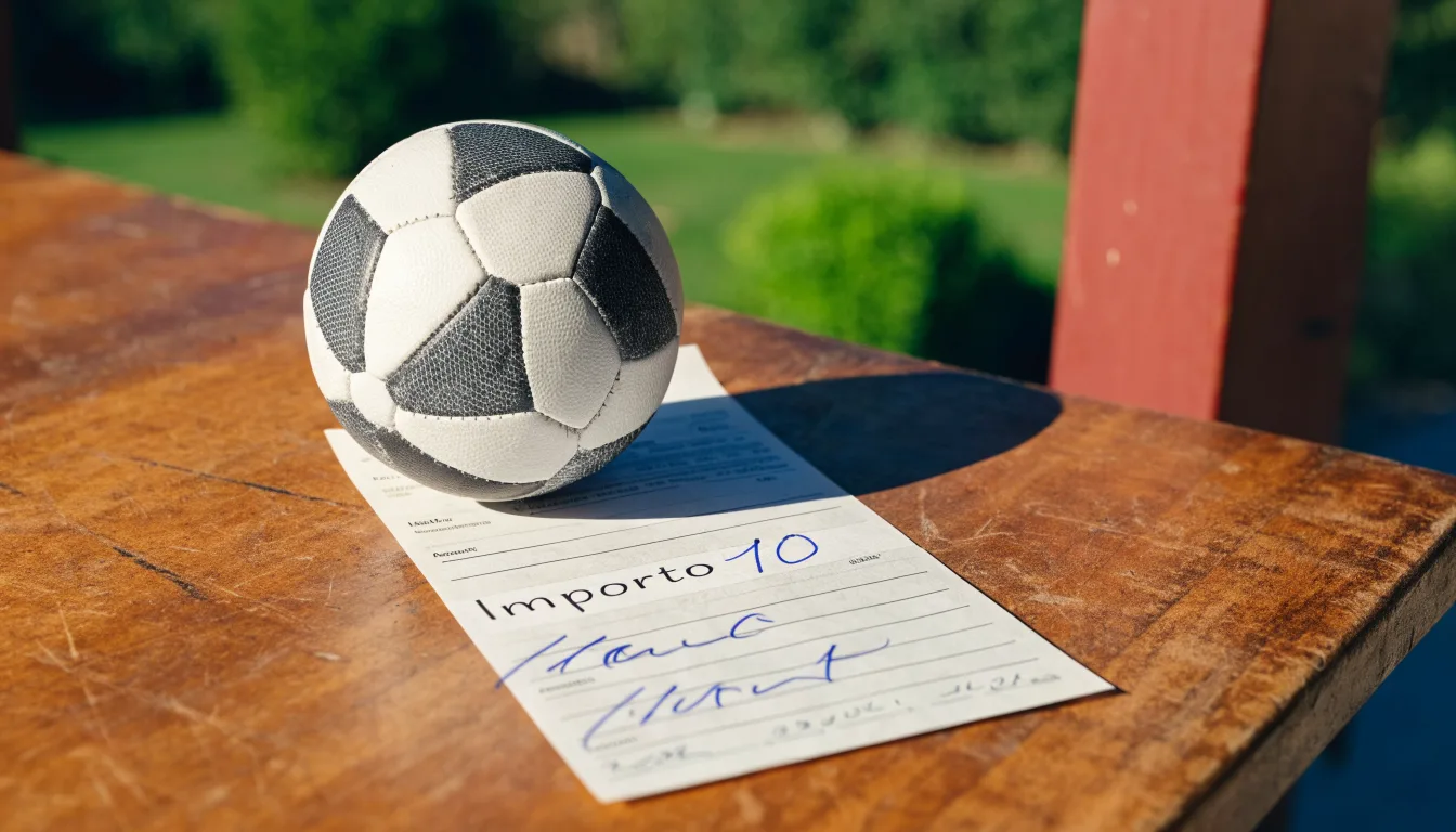 Un pallone da calcio appoggiato su una schedina bianca su un tavolo di legno, alla luce del giorno
