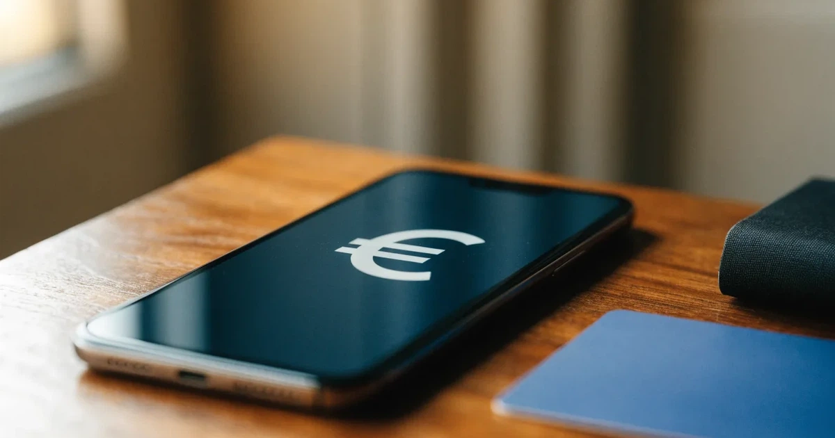 Uno smartphone e una carta di pagamento affiancati su un tavolo di legno, con alcune banconote da euro accanto