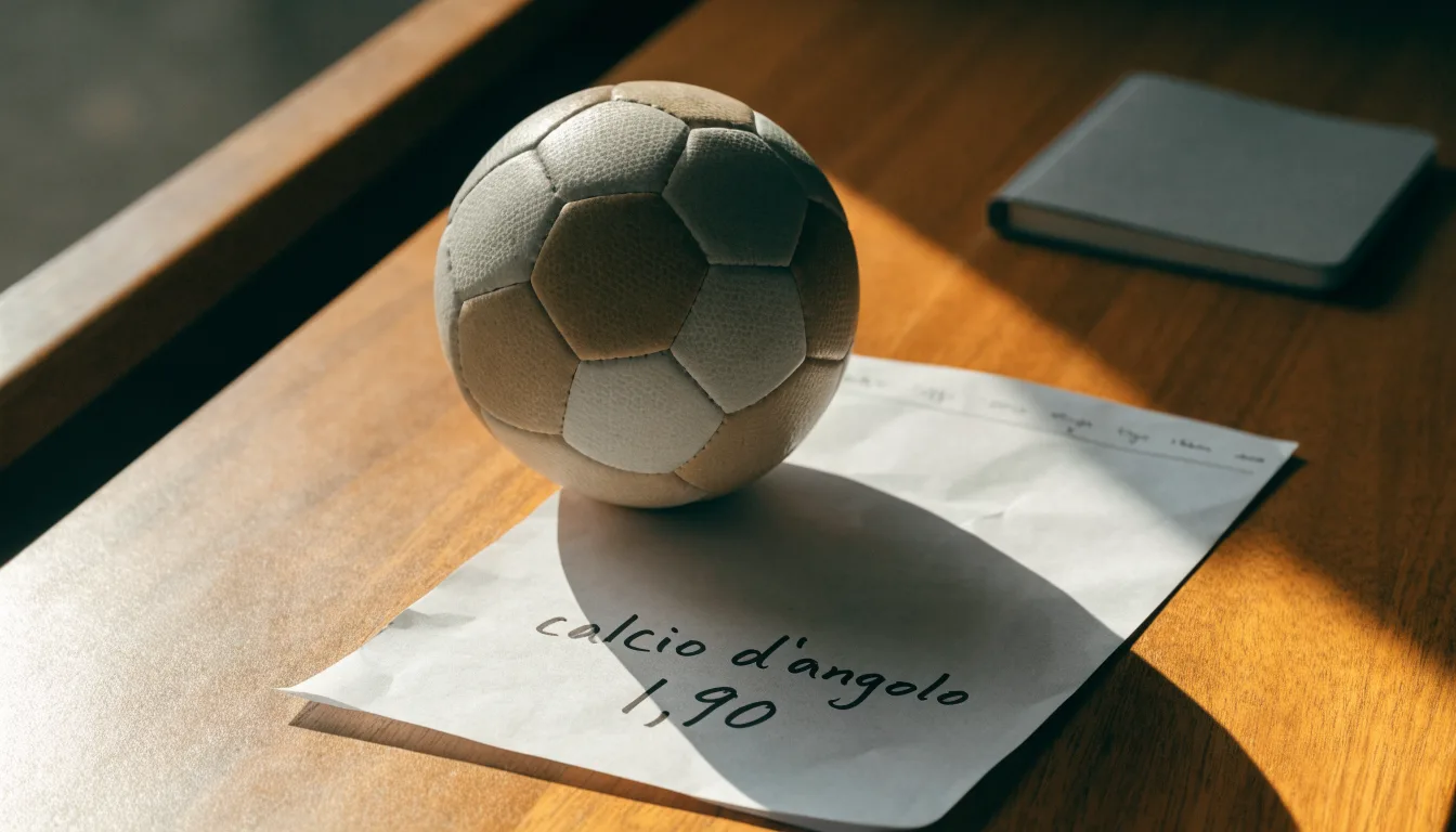 Un pallone da calcio appoggiato su una schedina bianca su un tavolo di legno, alla luce del giorno