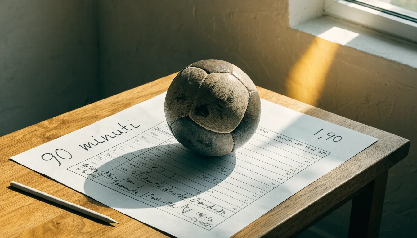 Un pallone da calcio appoggiato su una schedina bianca su un tavolo di legno, alla luce del giorno