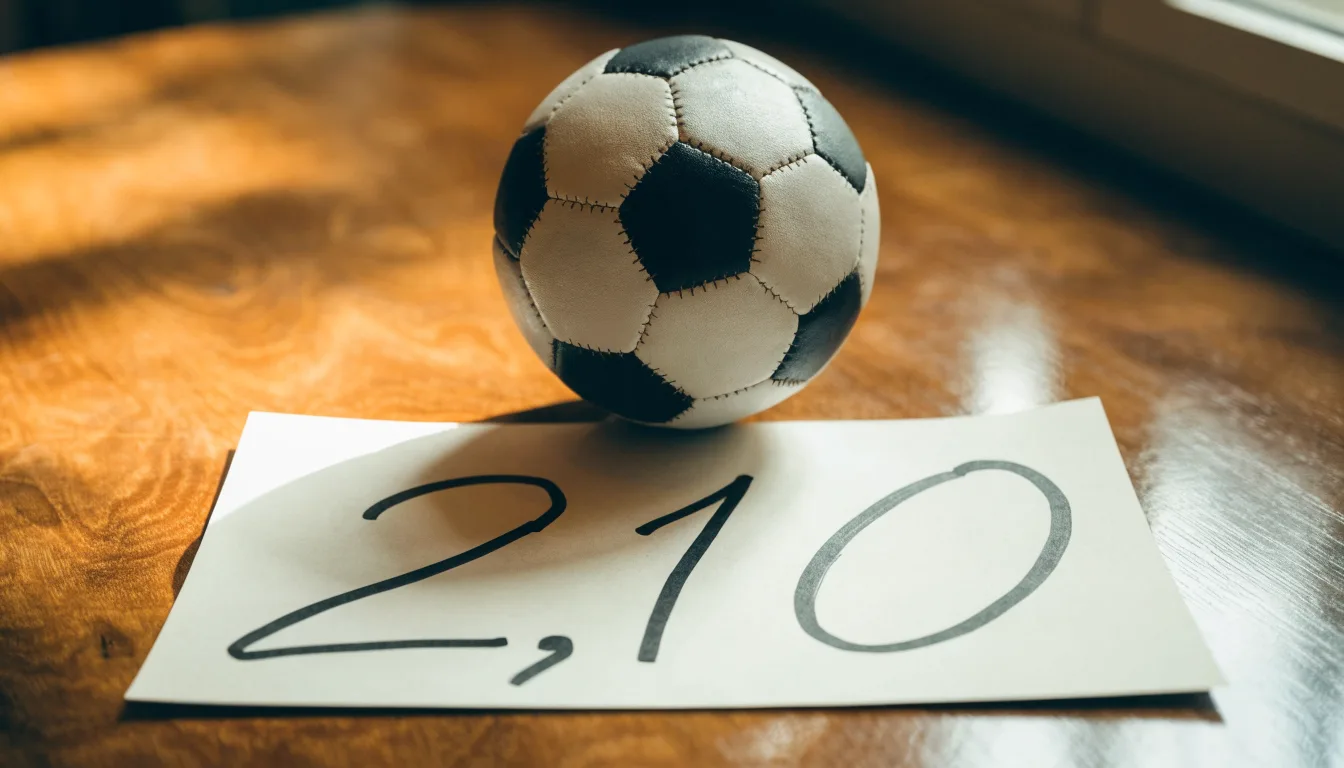 Un pallone da calcio appoggiato su una schedina bianca su un tavolo di legno, alla luce del giorno