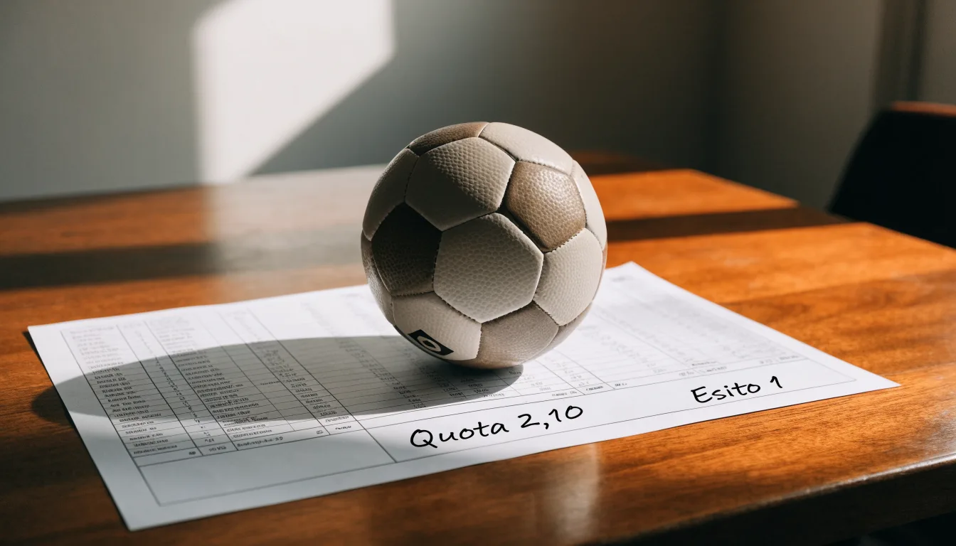Un pallone da calcio appoggiato su una schedina bianca su un tavolo di legno, alla luce del giorno
