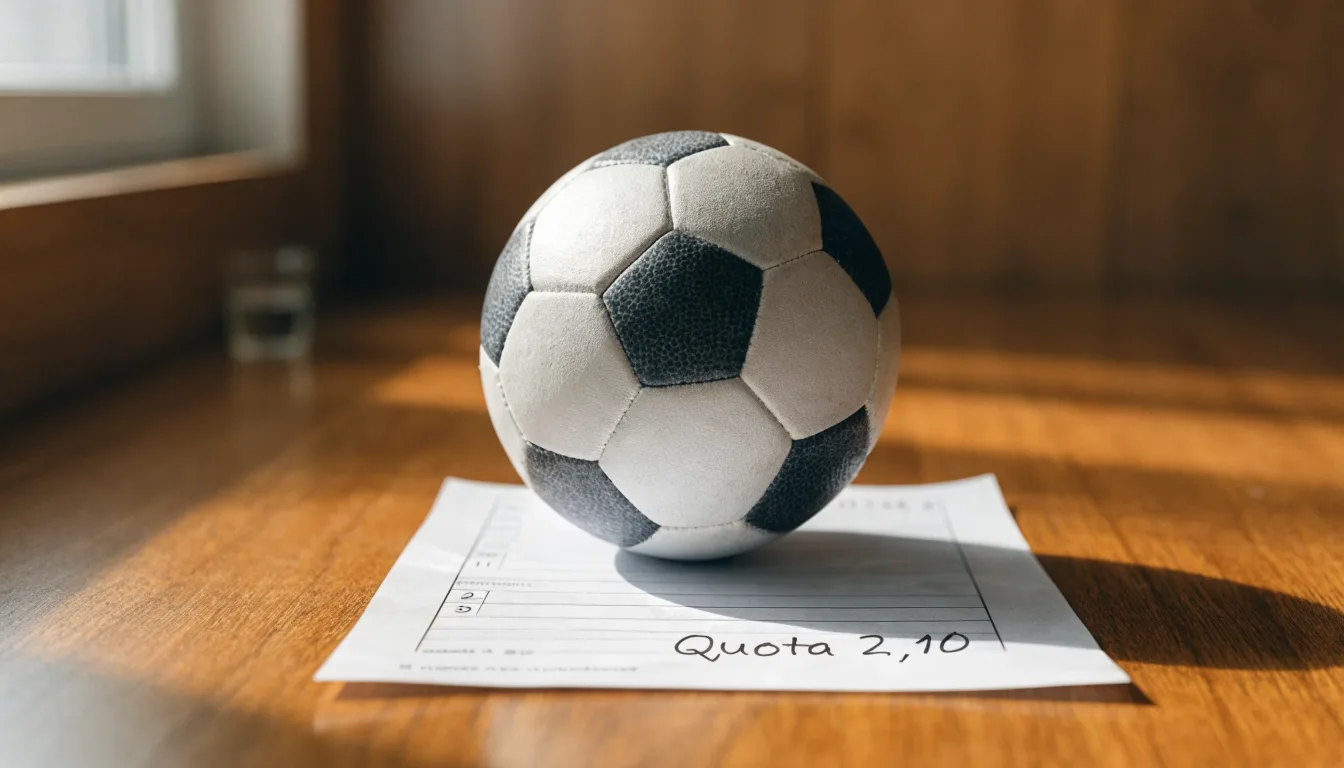 Un pallone da calcio appoggiato su una schedina bianca su un tavolo di legno, alla luce del giorno