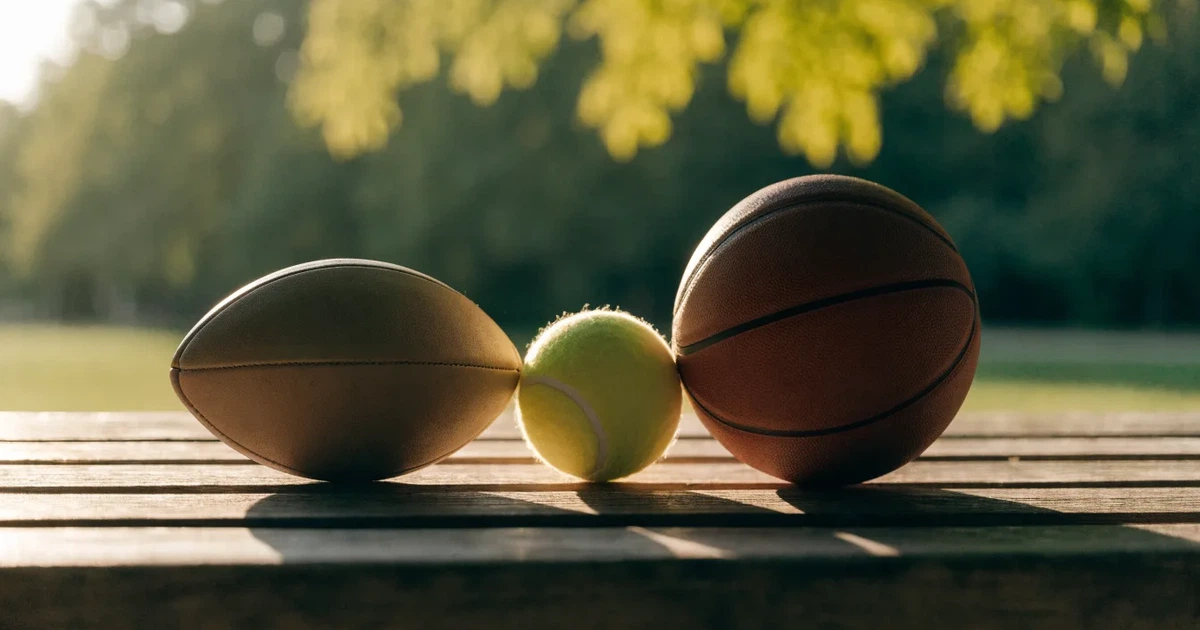 Tre palloni di sport diversi allineati uno accanto all'altro su una panca di legno