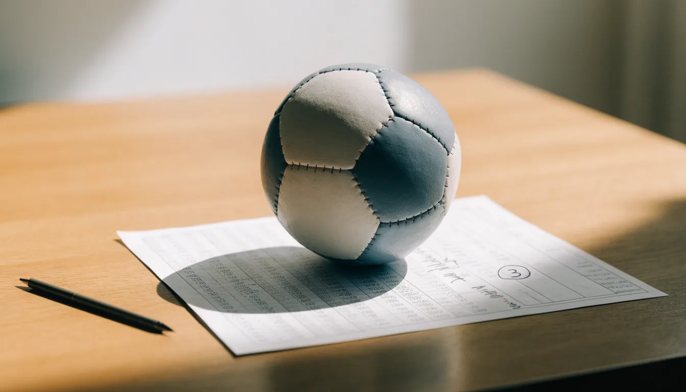Un pallone da calcio appoggiato su una schedina bianca su un tavolo di legno, alla luce del giorno