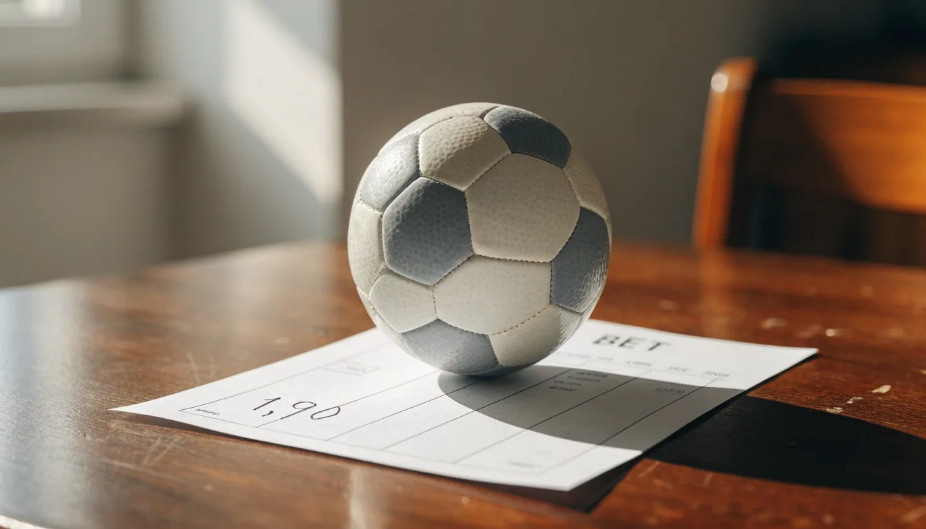 Un pallone da calcio appoggiato su una schedina bianca su un tavolo di legno, alla luce del giorno