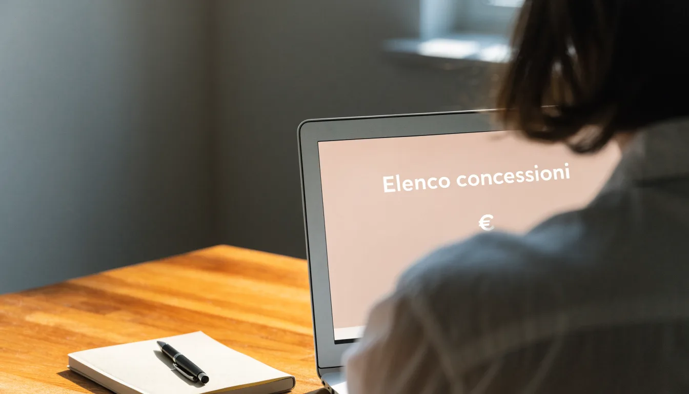 Un foglio di concessione in carta con un timbro rosso, appoggiato su una scrivania di legno accanto a una penna