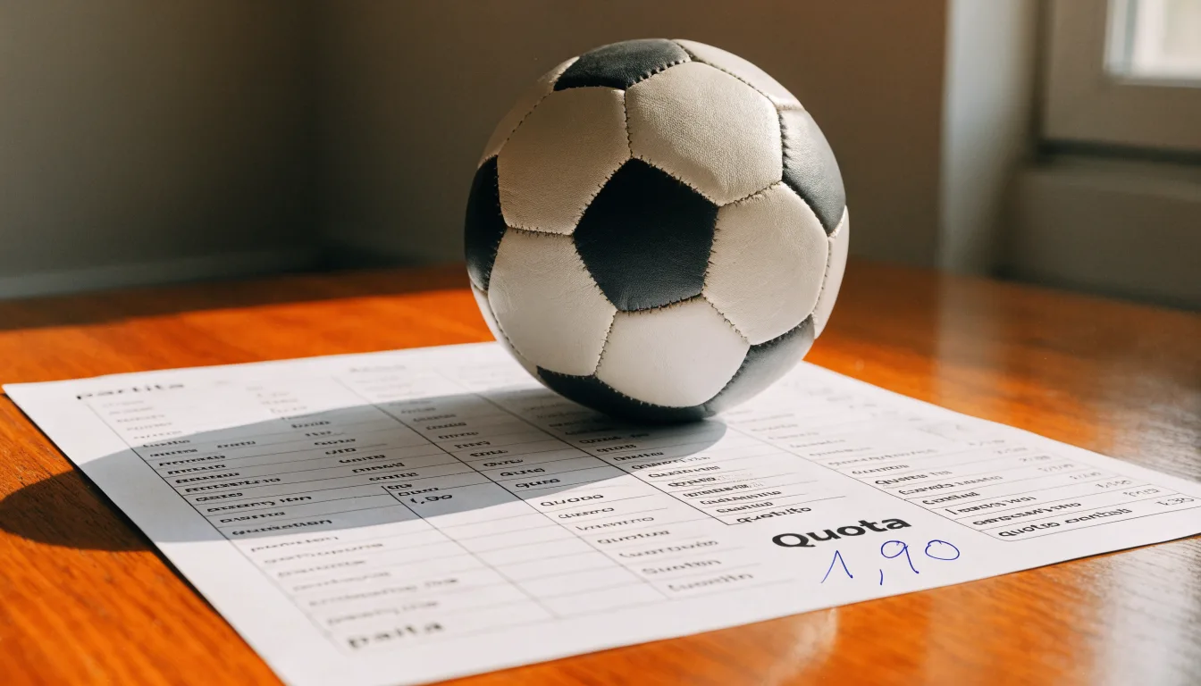 Un pallone da calcio appoggiato su una schedina bianca su un tavolo di legno, alla luce del giorno