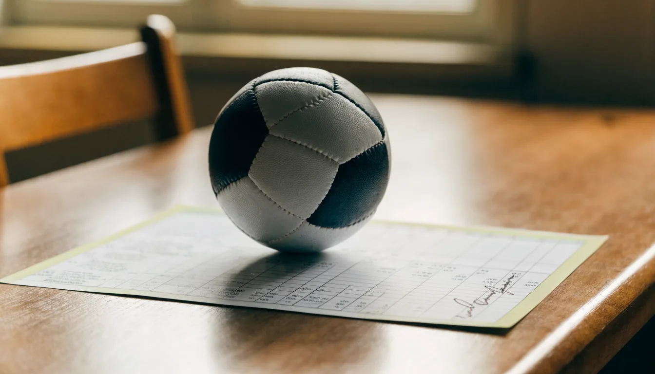 Un pallone da calcio appoggiato su una schedina bianca su un tavolo di legno, alla luce del giorno