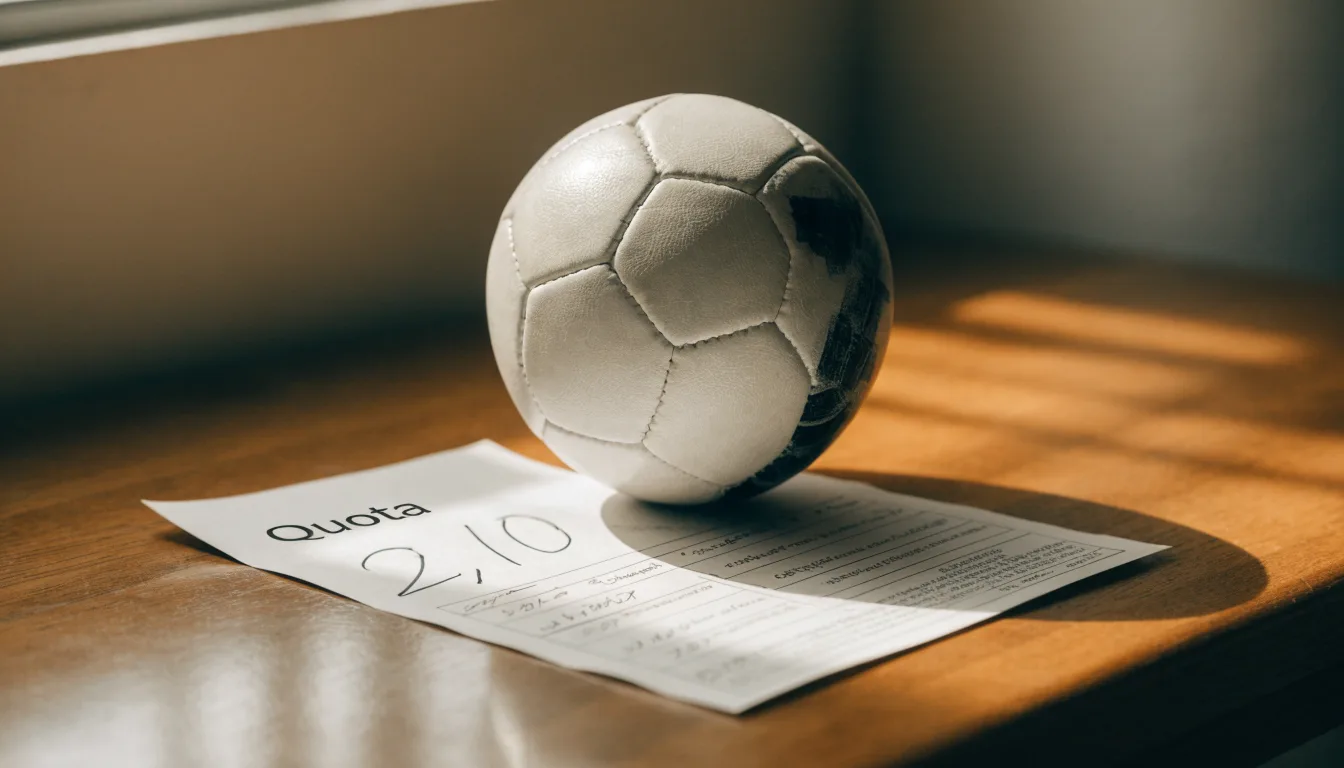 Un pallone da calcio appoggiato su una schedina bianca su un tavolo di legno, alla luce del giorno