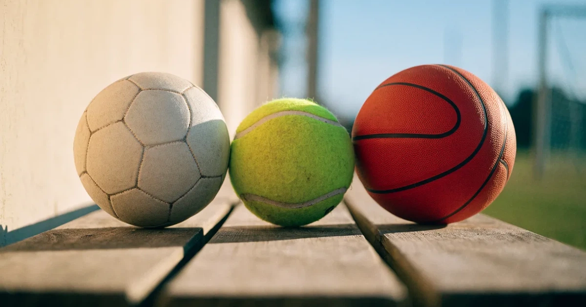 Tre palloni di sport diversi allineati uno accanto all'altro su una panca di legno