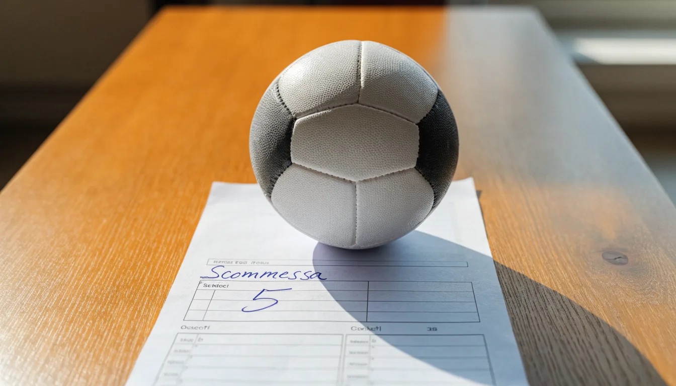 Un pallone da calcio appoggiato su una schedina bianca su un tavolo di legno, alla luce del giorno