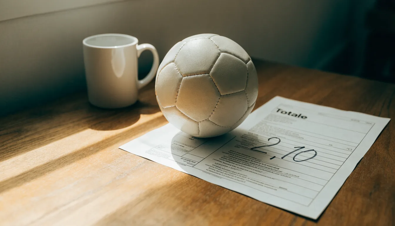 Un pallone da calcio appoggiato su una schedina bianca su un tavolo di legno, alla luce del giorno
