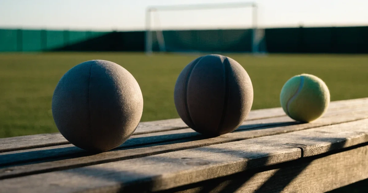 Tre palloni di sport diversi allineati uno accanto all'altro su una panca di legno
