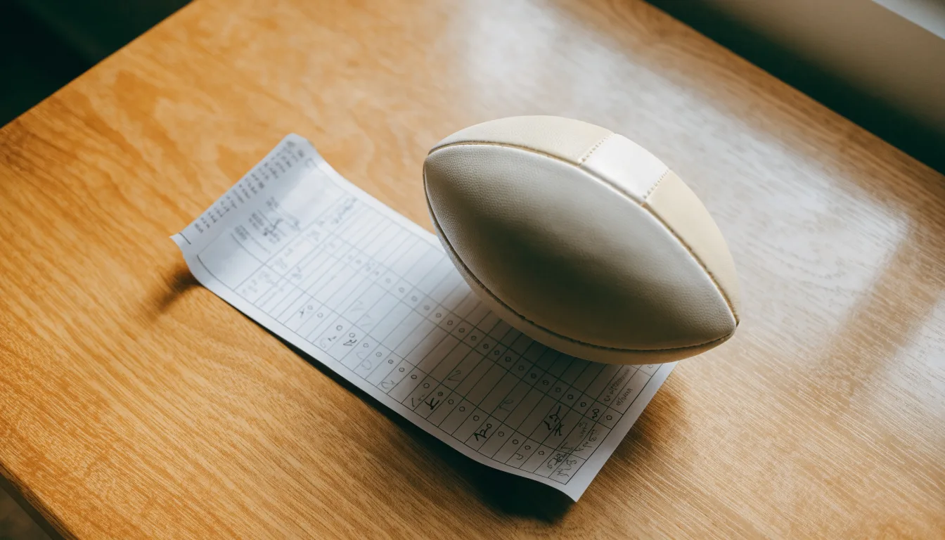 Un pallone da calcio appoggiato su una schedina bianca su un tavolo di legno, alla luce del giorno