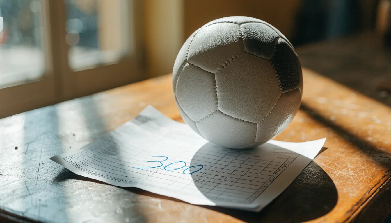 Un pallone da calcio appoggiato su una schedina bianca su un tavolo di legno, alla luce del giorno