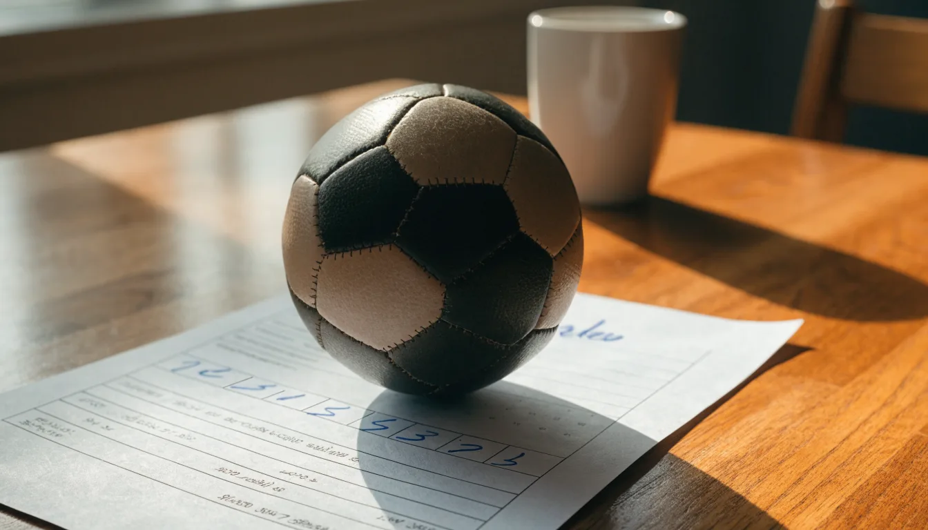 Un pallone da calcio appoggiato su una schedina bianca su un tavolo di legno, alla luce del giorno