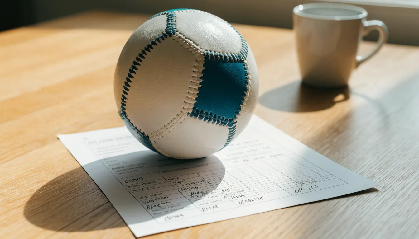 Un pallone da calcio appoggiato su una schedina bianca su un tavolo di legno, alla luce del giorno