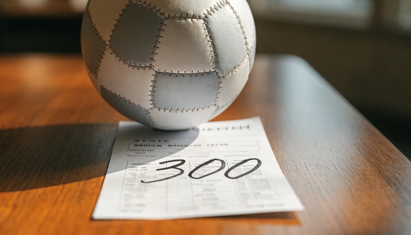 Un pallone da calcio appoggiato su una schedina bianca su un tavolo di legno, alla luce del giorno