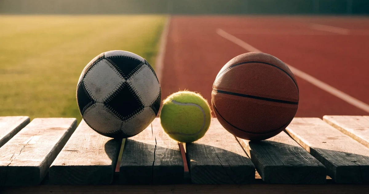 Tre palloni di sport diversi allineati uno accanto all'altro su una panca di legno