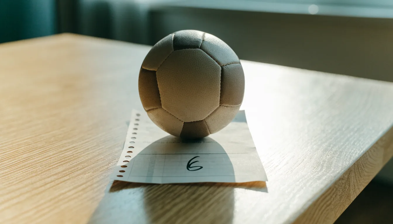 Un pallone da calcio appoggiato su una schedina bianca su un tavolo di legno, alla luce del giorno
