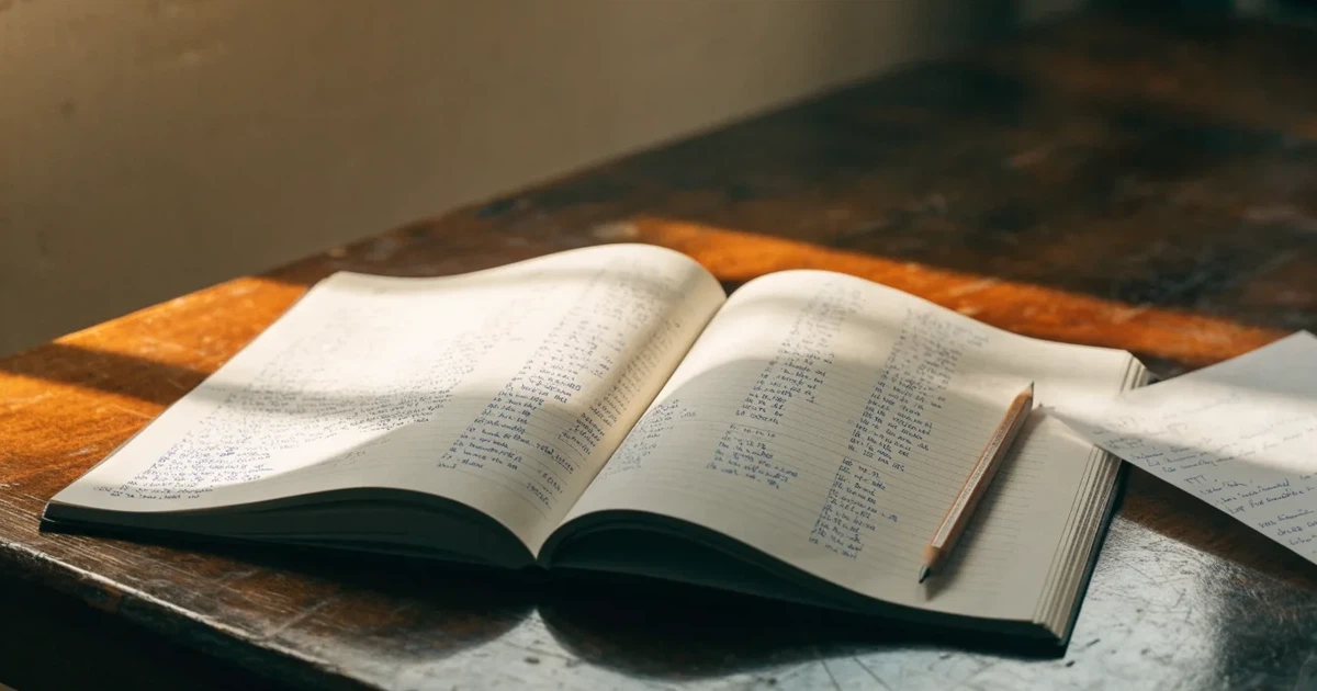 Un quaderno aperto con quote scritte a mano, una calcolatrice e una matita su un tavolo di legno