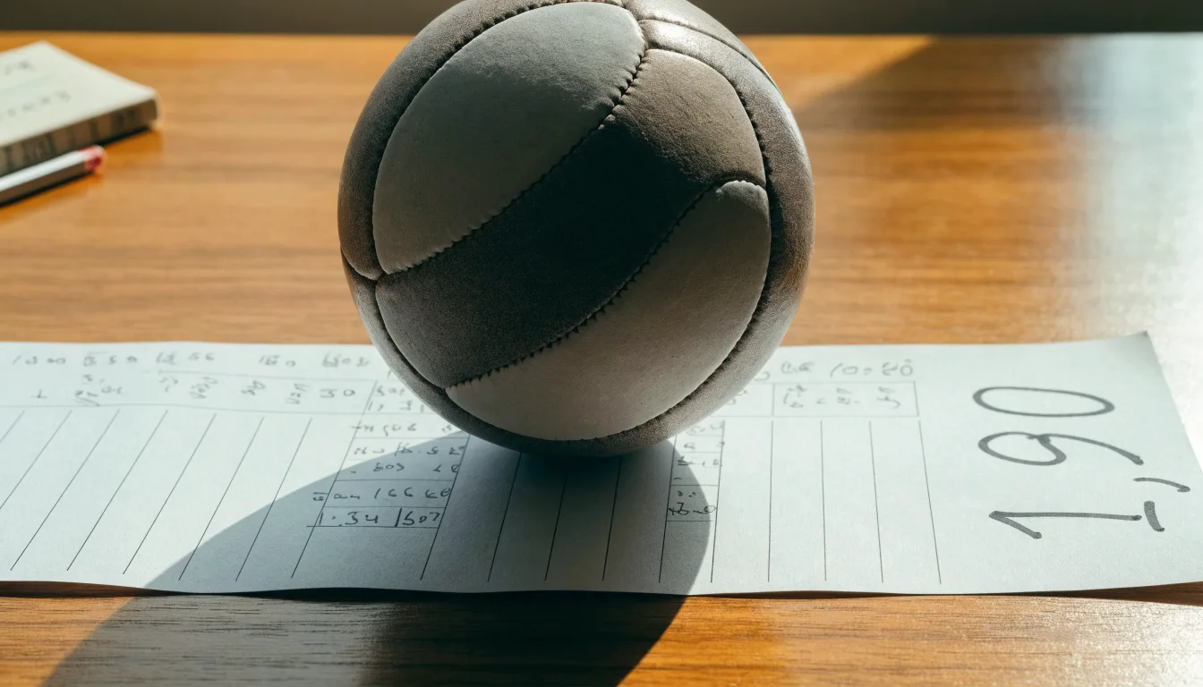 Un pallone da calcio appoggiato su una schedina bianca su un tavolo di legno, alla luce del giorno