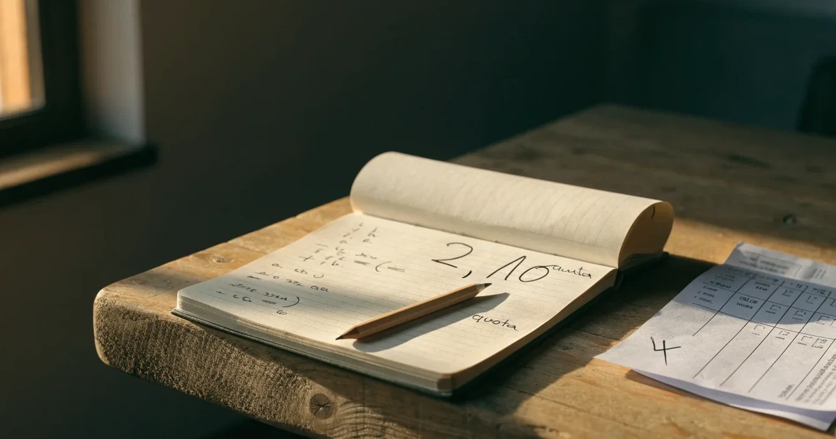 Un quaderno aperto con quote scritte a mano, una calcolatrice e una matita su un tavolo di legno