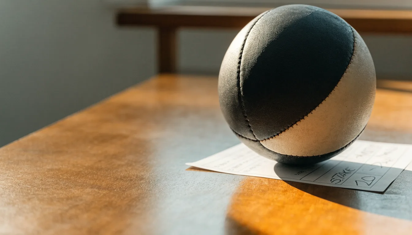 Un pallone da calcio appoggiato su una schedina bianca su un tavolo di legno, alla luce del giorno
