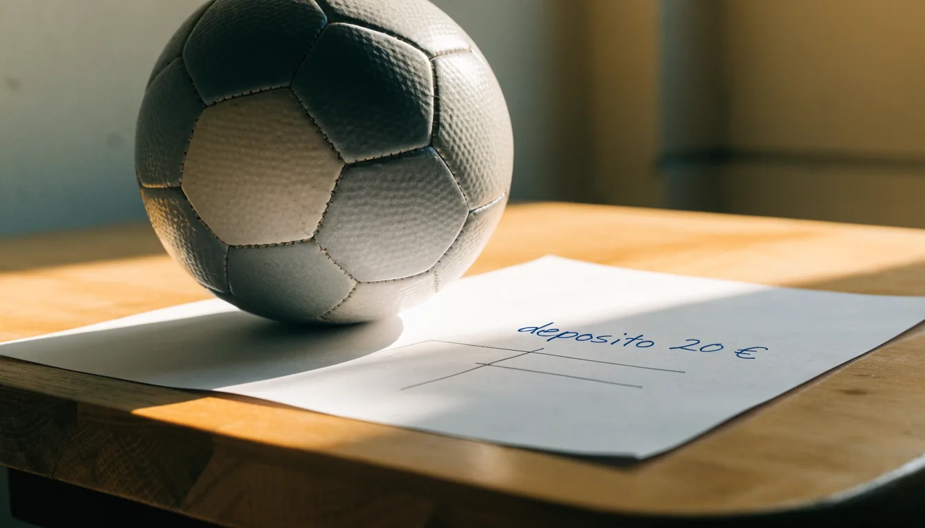 Un pallone da calcio appoggiato su una schedina bianca su un tavolo di legno, alla luce del giorno