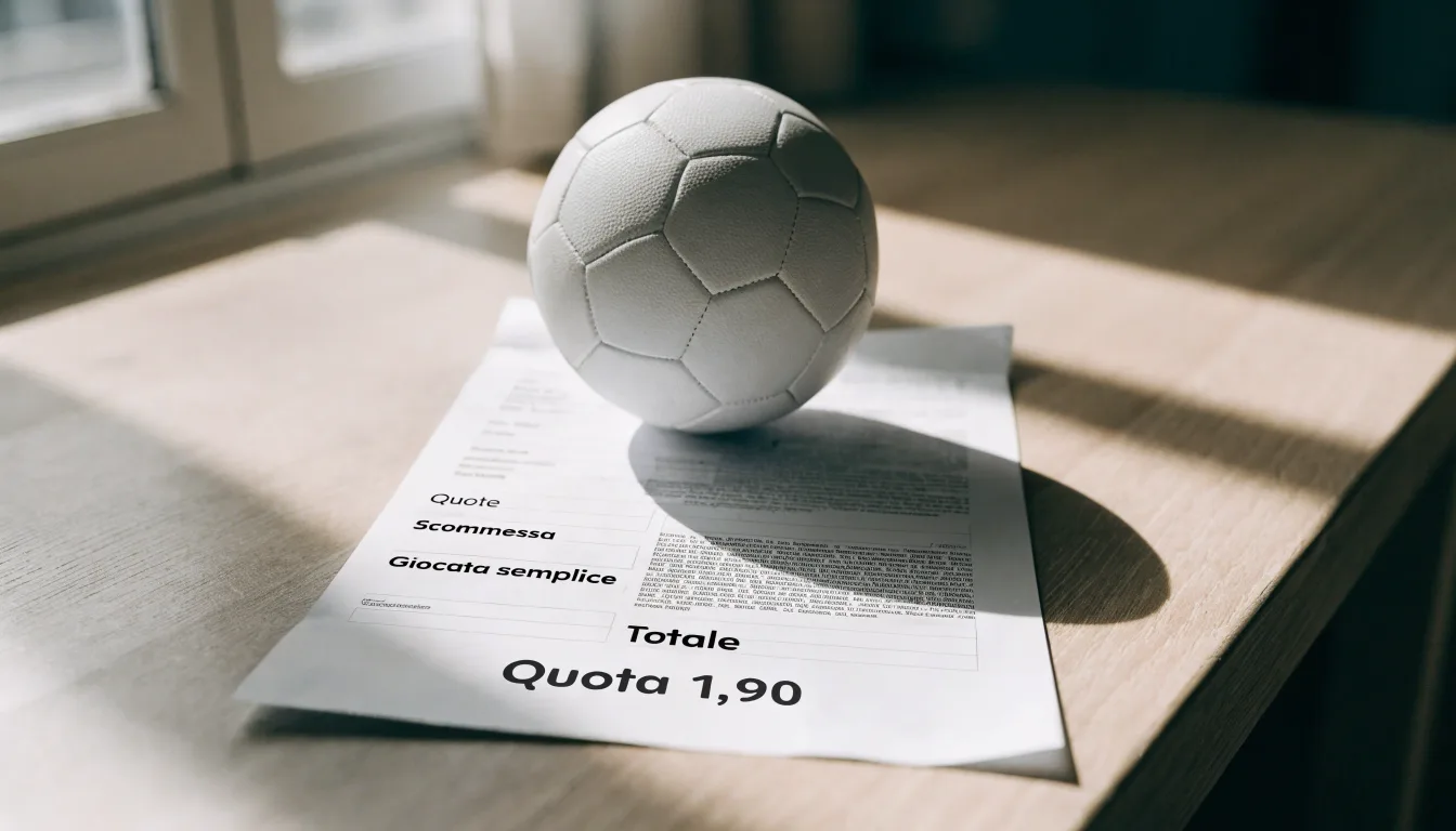 Un pallone da calcio appoggiato su una schedina bianca su un tavolo di legno, alla luce del giorno