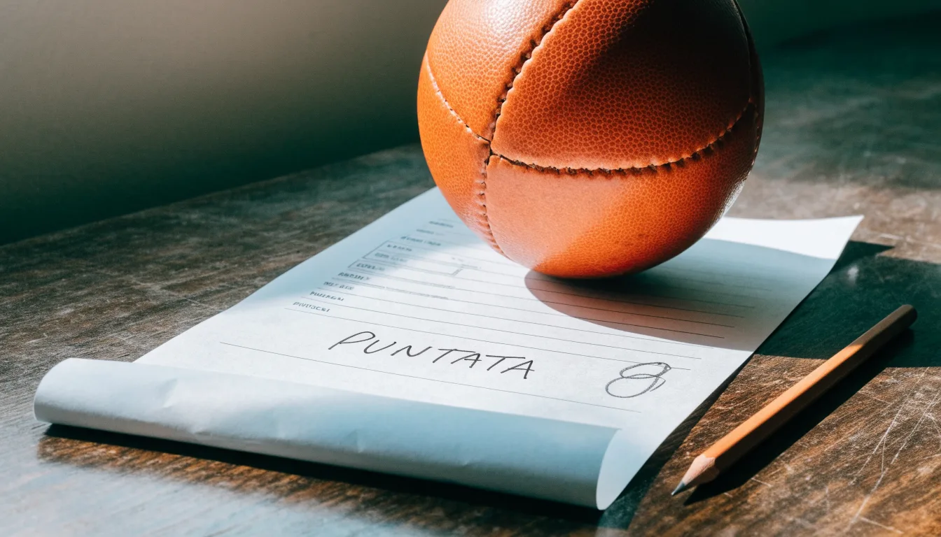 Un pallone da calcio appoggiato su una schedina bianca su un tavolo di legno, alla luce del giorno