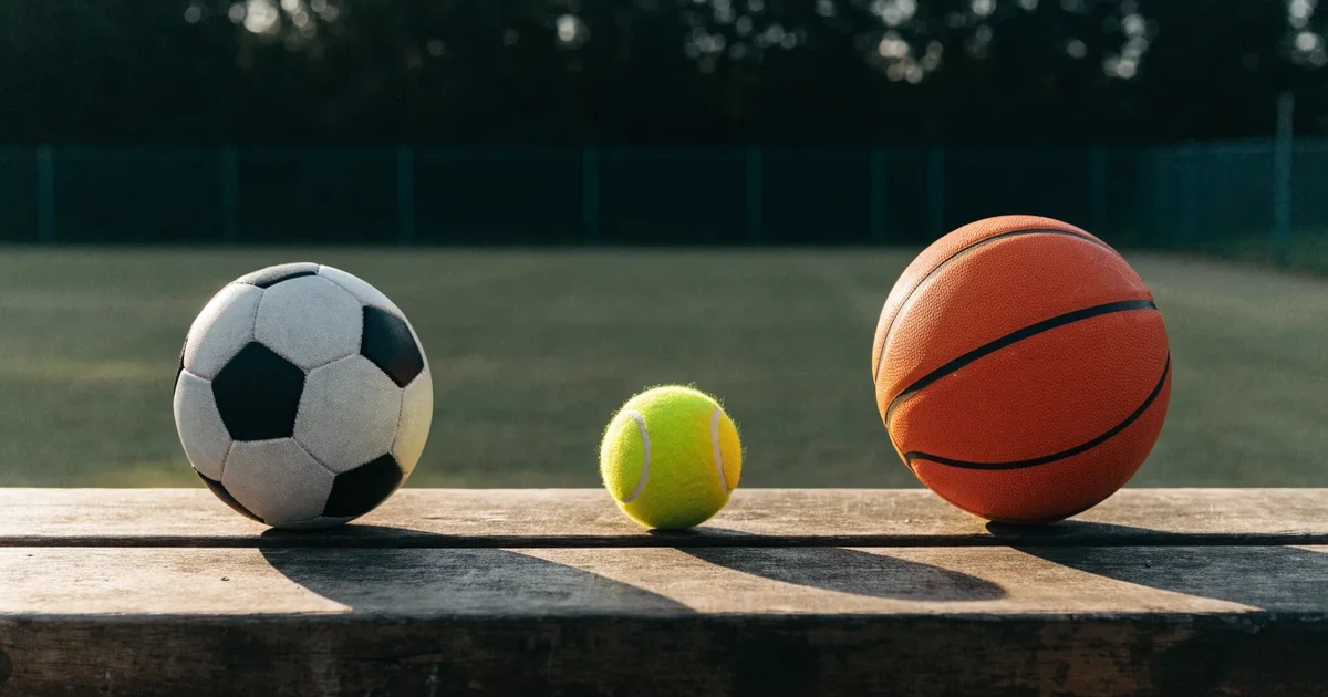 Tre palloni di sport diversi allineati uno accanto all'altro su una panca di legno