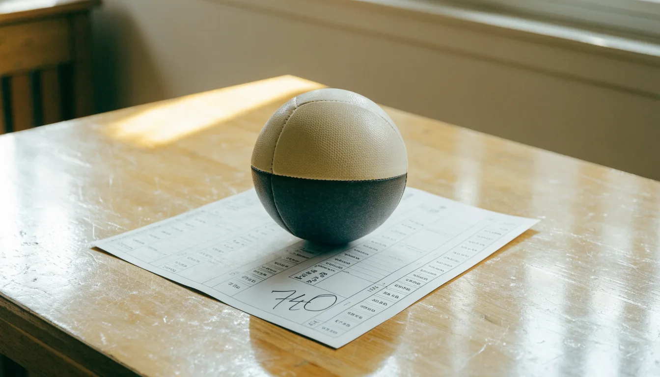 Un pallone da calcio appoggiato su una schedina bianca su un tavolo di legno, alla luce del giorno