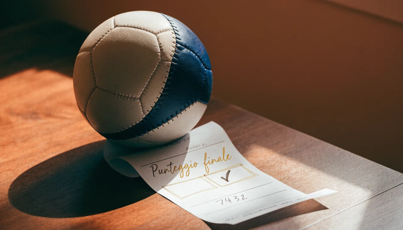 Un pallone da calcio appoggiato su una schedina bianca su un tavolo di legno, alla luce del giorno
