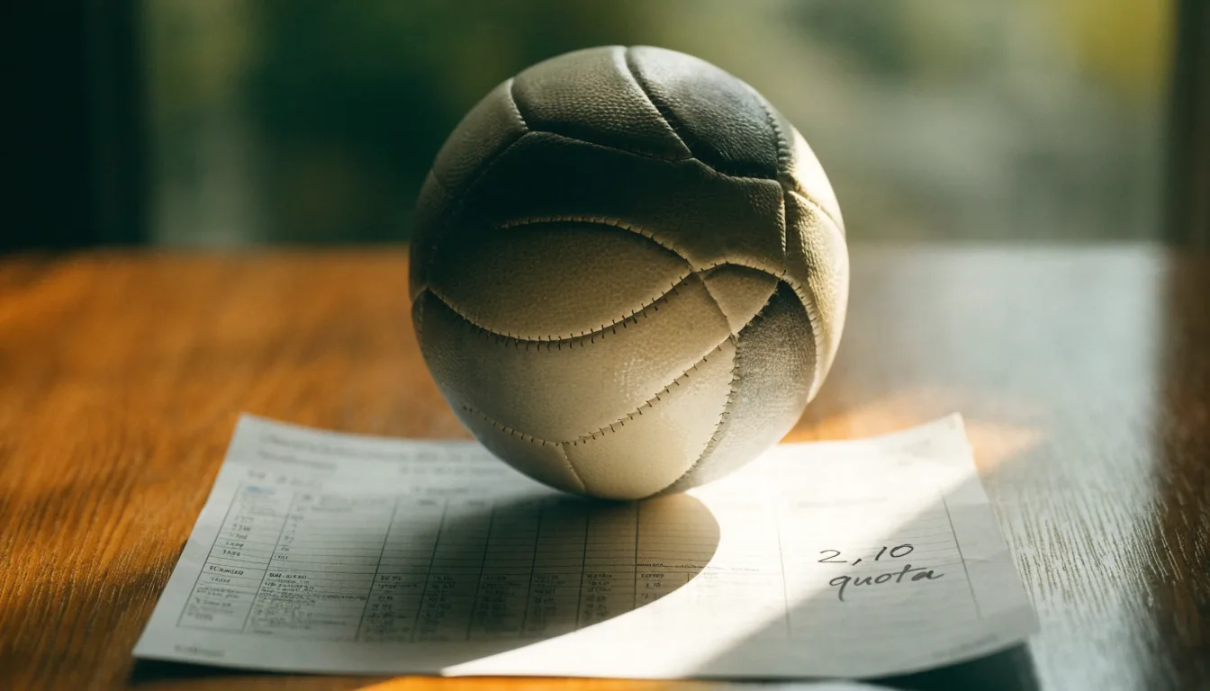 Un pallone da calcio appoggiato su una schedina bianca su un tavolo di legno, alla luce del giorno