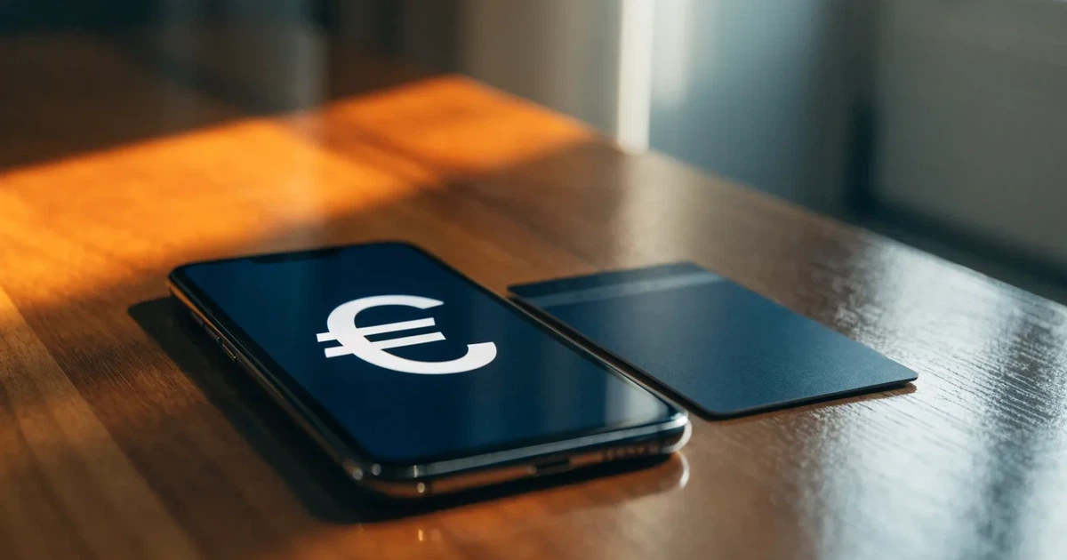 Uno smartphone e una carta di pagamento affiancati su un tavolo di legno, con alcune banconote da euro accanto