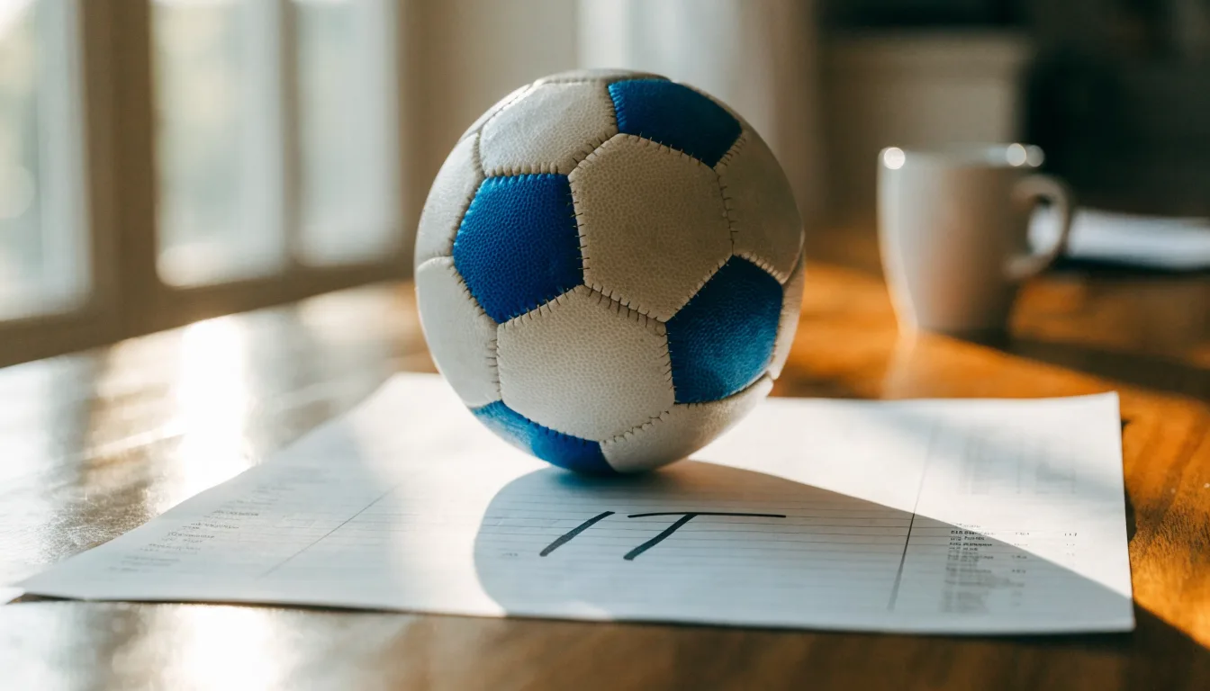 Un pallone da calcio appoggiato su una schedina bianca su un tavolo di legno, alla luce del giorno