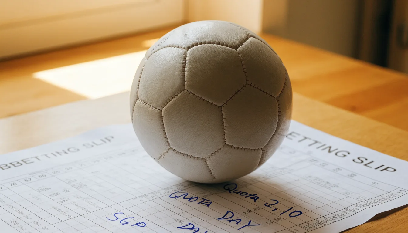 Un pallone da calcio appoggiato su una schedina bianca su un tavolo di legno, alla luce del giorno